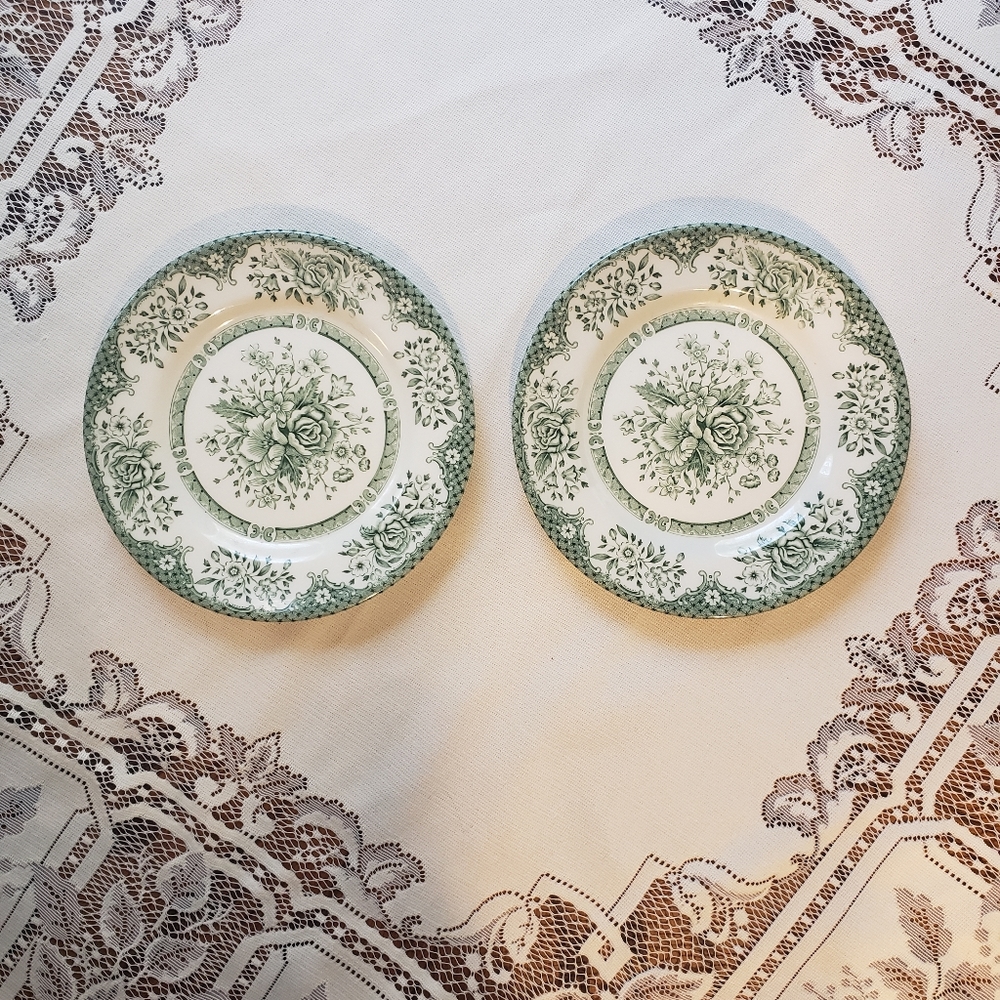 COPY - Wood and Sons. Olive Green Toile appetizer plates. Set of 2.